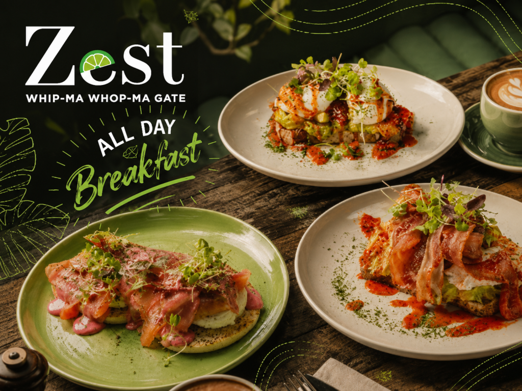 All-day breakfast plates with poached eggs, smoked salmon and coffee at Zest, York