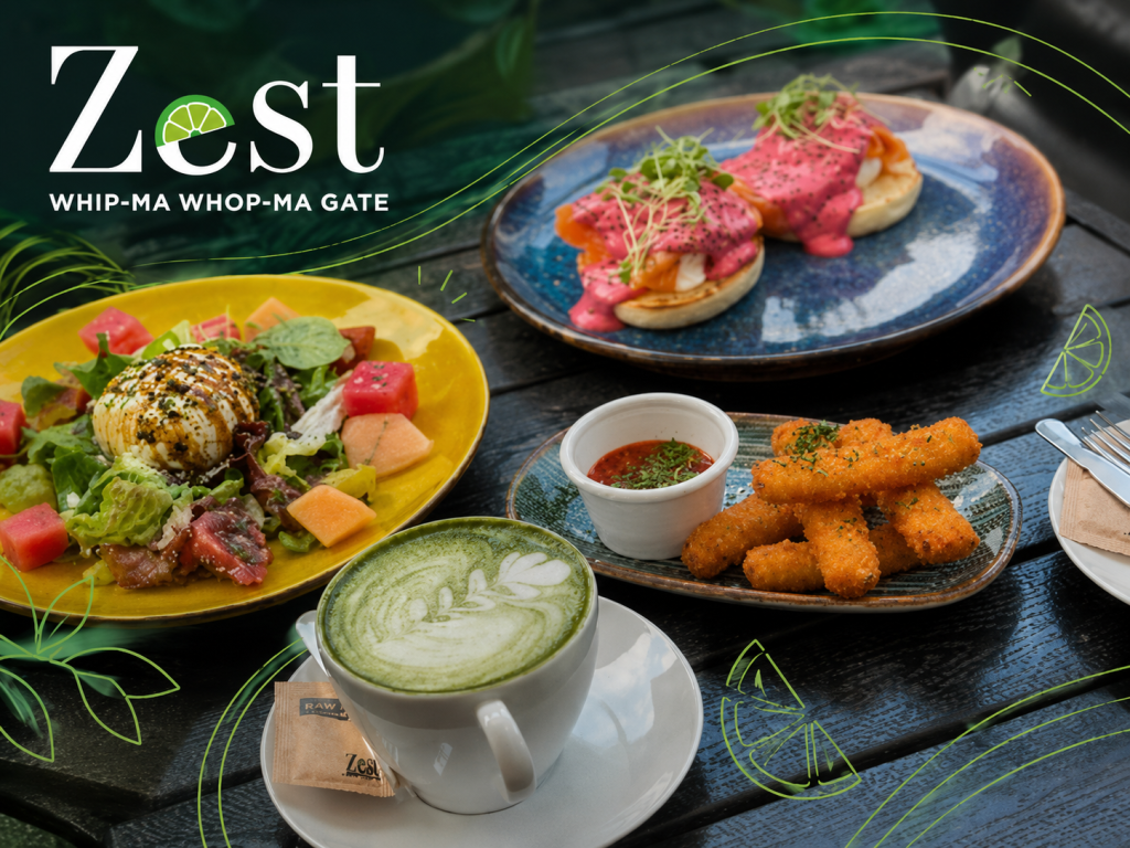 Eggs Benedict, halloumi and watermelon salad, matcha latte and crispy sides at Zest brunch bar, York