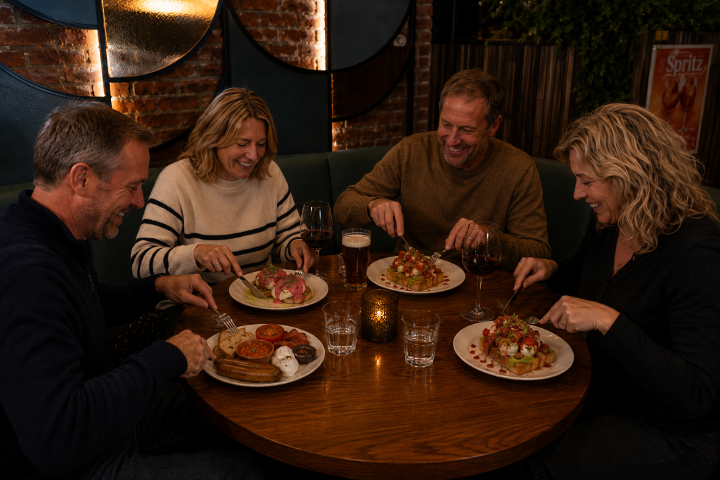Friends enjoying brunch together in a cosy York cafe bar