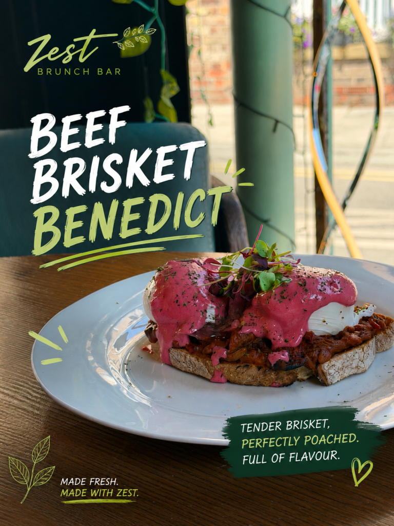 Beef Brisket Benedict on sourdough at Zest brunch bar, York